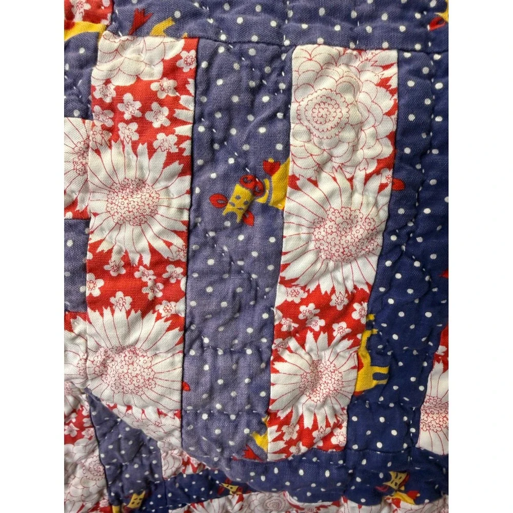 Vintage Handmade Patchwork Quilt Red White Blue Floral Giraffe Nursery Lap Throw
